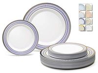 " OCCASIONS" 50 Plates Pack (25 Guests)-Heavyweight Wedding Party Disposable Plastic Plate Set -25 x 10.5'' Dinner + 25 x 7.5'' Salad/Dessert plates (Odyssey White/Blue & Gold)