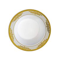 [20 Count - 5 Oz Bowls] Laura Stein Designer Tableware Premium Heavyweight Plastic White Dessert Bowl With Gold Rim And Brushed Accents, Party & Wedding Plate Traditional Series Disposable Dishes