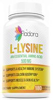 Fladora L-Lysine Amino Acid 500mg - Supports Immune Health, Calcium Absorption, Non-GMO, Gluten-Free - 180 Vegetarian Capsules