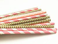 Paper Straws Gold Striped for Party Weddings/Durable Drinking Straws Assorted Multicolor Design for Decoration (100 Pack)