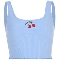 Hot!EDC Women's Cherry Printing Vest Cute Cool Sexy Sleeveless Camis Crop Casual Tank Top Blouse High Waist T-Shirt Tees (Blue, S)