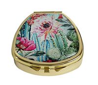 MaXing Personalized Watercolor with Flowers Roses and Cactus Custom Gold Glass Fan Shape Pill Case Stainless Steel Pill Box Decorative Case