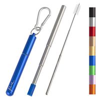 Reusable Drinking Straw - Portable Collapsible & Foldable Telescopic Stainless Steel Metal Design - Light Aluminum Case - Long Cleaning Brush - Silicone Tip - Carabiner KeyChain - 1 Blue