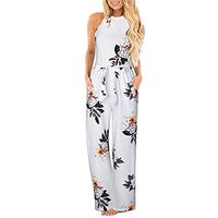 HebeTop Women's Casual V Neck Tie Waist Sleeveless Strap Floral Slit Jumpsuit with Pockets White