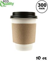 300 Pack - 10 oz Disposable White Paper Coffee Cups with Black Dome Lids and Protective Corrugated Cup Sleeves - Perfect Disposable Travel Mug for Home, Office, Coffee Shop, Travel, Tea