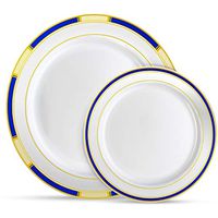 Laura Stein Designer Dinnerware Set | 64 Disposable Plastic Party Plates | Plates with Blue Rim & Gold Accents | Includes 32 x 10.75" Dinner Plates + 32 x 7.5” Salad Plates | Venetian