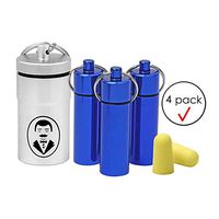 4 Airtight Waterproof Stash Jars, Smell Proof Pill Holder Containers, Secures Herbs Nitroglycerin Aspirin Medications Drugs, Plus 3 Pair Earplugs Soft Multipurpose, EDC Keychain Fob, 3 Blue 1 Silver