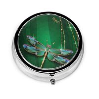 Dragonfly Green Pill Box Round Metal Pill Case Three Compartment Pocket Tablet Medicine Storage for Purse