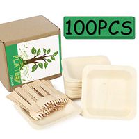 Bamboo Desert Plates 100 Pcs 4.5" Square Palm Leaf Dessert Plates Cutlery Set, Disposable Party Plates Forks Spoons Compostable Dinnerware for Party Wedding Camping Tropical, Biodegradable