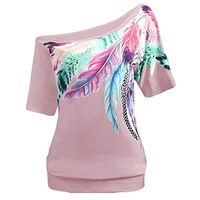 Meikosks Ladies Leaky Shoulder Tops Short Sleeve T Shirt Feather Print Pullover Summer Plus Size Tee