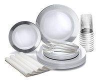 " OCCASIONS" 200pcs set (25 Guests)-Heavyweight Wedding Party Disposable Plastic Plate Set -25x10.5'' +25 x7.5'' + Silverware +Cups+linen like paper Napkins (Linen White & Silver)