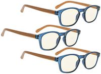 COMPUTER READING GLASSES 3 pack Blue Light Filter Readers Blocking UV Rays Women with Bamboo-Look Temples (Blue, 0.00)
