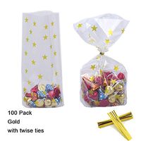 100 Pack Clear Cello Bags with Candy Cookie Bags 10 x 6 x 2.5 inch Clear Plastic Treat Bags Gold Stars Candy Bags for Cookie Candy Snack Wrapping Party Favor with Gold Twist Ties