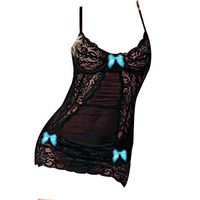 AMOUSTORE Women Lingerie Bow Lace Babydoll Strap Chemise Teddy V Neck Sleepwear (Blue)