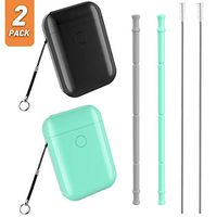 Easyworld Collapsible Reusable Straws Silicone Drinking Straw Premium Food-Grade Portable Foldable Straws 2 Pack (Grey/Green)