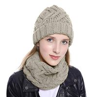 Theoylos Women's Soft Stretch Cable Knit Beanie Infinity Loop Scarf Set Ladies Warm Skull Cap Winter Soft Ski Cap Beige