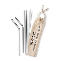 Reusable Stainless Steel Straws (#SuckIt) Eco~Friendly Metal Drinking Straw Set ~Muslin Eco~Bag contains 2 10in Bent Straws, 1 Cleaning Brush and 1 Wide Straw for Shakes and Boba Tea. BPA FREE