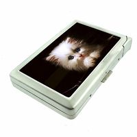 Cigarette Case with Built in Lighter Silly Cat Kitten S23 Smoking King Size Cigarettes Silver Metal Wallet 4" X 2.75" RFID Protection