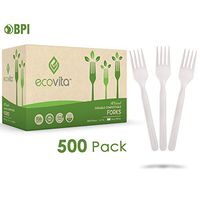 100% Compostable Forks - 500 Large Disposable Utensils (7 in.) Bulk Size Eco Friendly Durable and Heat Resistant Alternative to Plastic Forks with Convenient Tray by Ecovita