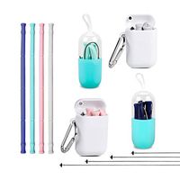 Reusable Silicone Collapsible Straws - 4 Pack Portable Hot Cold Drinks Folding Straw with Carrying Case & Cleaning Brushes for Travel, Home, Office, BPA Free, FDA Certified- Blue Green Pink Grey