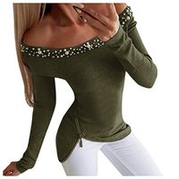 Meikosks Women's Off Shoulder Tops Irregular Slim T Shirt Long Sleeve Blouses Pullover Army Green