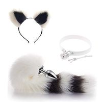 3Pcs Collar+ B-ü-t-t P-l-ǔ-g Fox Tail Massager + Ears Headband Halloween Party Toys +Unlock Passionate Collar Lock（White and Black）-M