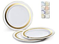 " OCCASIONS" 60 Plates Pack, Heavyweight Disposable Wedding Party Plastic Plates (7.5'' Appetizer/Dessert Plate, Soleil White & Gold)