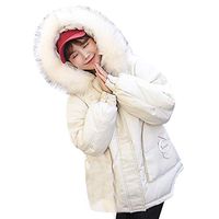 HNTDG Women Winter Coat Fur Collar Hooded Down Jacket Parka Outerwear Short Jacket Thicker Loose Overcoat White