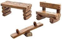 Set of Three (3) Miniature Fairy Garden Realistic Tiny Log-Like Resin Furniture - Includes Mini Table, Bench, Teeter Totter - All Measuring Between 1" - 3" - for Outdoor or House Decor or Dollhouse
