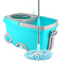 Nesee 360 Spin Mop with Stainless Steel Bucket System with Extra Microfiber Head Refills 2X Wheels 61inch Extended Handle Stainless Steel Drainage Basket for Home Floor Cleaning (Light Blue)
