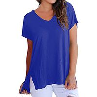 Theoylos Women's V Neck T Shirt Side Split Tunic Short Sleeve Ladies Loose Large Size T-Shirts Casual Tops Blue