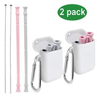 Senneny 2 Pack Collapsible Reusable Silicone Straws Food-Grade Folding Drinking Straws Keychain Portable Set with Carrying Case & Cleaning Brush- White & Pink