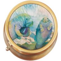 Watercolor Manatee Brass Round Pill Box