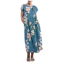 Theoylos Women's Maxi Dress O-Neck Casual Long Dress Ladies Floral Printed Loose Dress Pockets Short Sleeve Maxi Dress Light Blue
