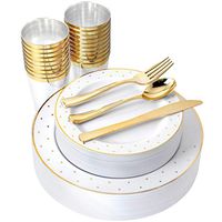 IOOOOO 25 Guest Gold Plastic plates with Silverware & Gold rim Cups, Includes 25 Dinner Plates, 25 Salad Plates, 25 Forks, 25 Knives, 25 Spoons, 25 Tumbles (Dots White/Gold)