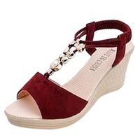 Women's Wedge Sandals Casual Peep Toe Ankle Strap High Platform Shoes Summer Bead Pearls T-String Roman Heeled Sandals (Red, US:7.5)