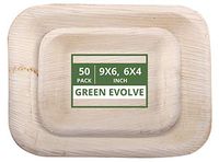 Green Evolve 810017651597 Palm Leaf Set (50 Pack) Big Dinner (25) Small Rectangle Salad Plates | Heavy Duty Ecofriendly Disposable Dinnerware, 9" x 6" & 6" x 4", Light Brown