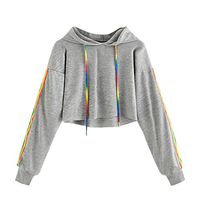 HNTDG Autumn Women Solid Lace Up Drawstring Long Sleeve Rainbow Strip Sweatershirt Hoodie Tops