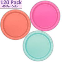 120 Paper Dessert Plates (7") - Hot Pink, Coral, Mint - 40 Per Color, 3 Colors - Great Assortment for Birthday Parties, Weddings, Holidays, Baby Shower, Celebrations, and more