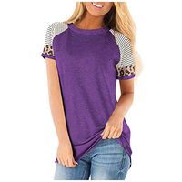 Meikosks Womens Short Sleeve Tops Leopard Stripe Color Block T Shirt Casual Tunic Basic Blouses Purple