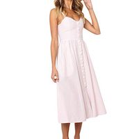 Women's Dresses-Summer Plaid Print Bohemian Spaghetti Strap Button Down Swing Slim Midi Beach Dress (Pink, M)