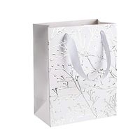 Floral Stems Design Foil Stamped Gift Bags (12 Pack)- 9”x 7”x 4” Unique Design with Durable Ribbon Handles, Beautiful Present Bags Best for Birthday, Wedding and Party Favors (White)