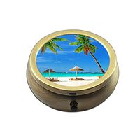 Pill Box Case Round Bronze Weekly Pill Organizers Case Decorative Boxes- Custom Fashion Style Bronze Pill Box Case for Purse- 3 Compartments Pill Box/Pill Case Pocket (Beach Scenery)