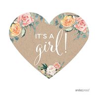 Andaz Press Peach Kraft Brown Rustic Floral Garden Party Baby Shower Collection, Heart Label Stickers, It's a Girl!, 75-Pack