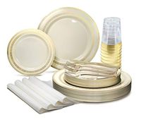 " OCCASIONS" 200pcs set (25 Guests)-Heavyweight Wedding Party Disposable Plastic Plate Set -25 x 10.5'' + 25 x 7.5'' + Silverware + Cups +linen like paper Napkins (Lace Ivory & Gold)
