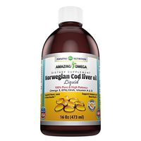 Amazing Omega Norwegian Cod Liver Oil 16 Oz 473 Ml, Fresh Orange - Extracted Under Strict Quality Standards from Around The Waters of Norway -Supports Heart, Joint, Brain, Bone & Immune Health