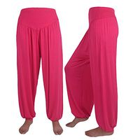 Womens Soft Modal Yoga Pants Smocked Waist Boho Yoga Pants Long Baggy Sports Dance Harem Pants Loose Bloomers Pants Hot Pink