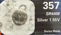 One (1) X Renata 357 Sr44W Sb-B9 Silver Oxide Watch Battery 1.55V Blister Packed