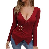 Anxinke Fashion Women Solid Deep V-Neck Long Sleeve Cross Wrap O-Ring Ribbed Casual Top(Wine,M)