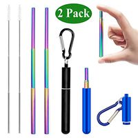 Senneny 2 Pack Telescopic Reusable Straws Stainless Steel Metal Drinking Rainbow Straw Portable Collapsible Straw with Travel Case Cleaning Brush Keychain (Black & Blue)